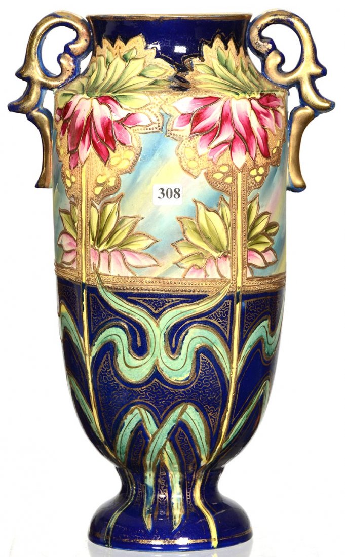 16" UNMARKED NIPPON STYLE TWO HANDLED VASE: 16" UNMARKED NIPPON STYLE TWO HANDLED VASE COBALT BLUE WITH LARGE FLORAL BLOSSOM DECOR