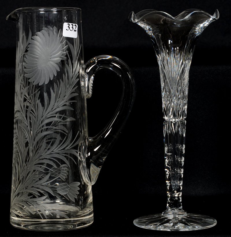 (2) CUT GLASS ITEMS: (2) CUT GLASS ITEMS (1) 10" PITCHER WITH ENGRAVED FLORAL DECOR - (1) 9 3/4" RUFFLED TRUMPET VASE, STRAWBERRY DIAMOND AND FAN MOTIF