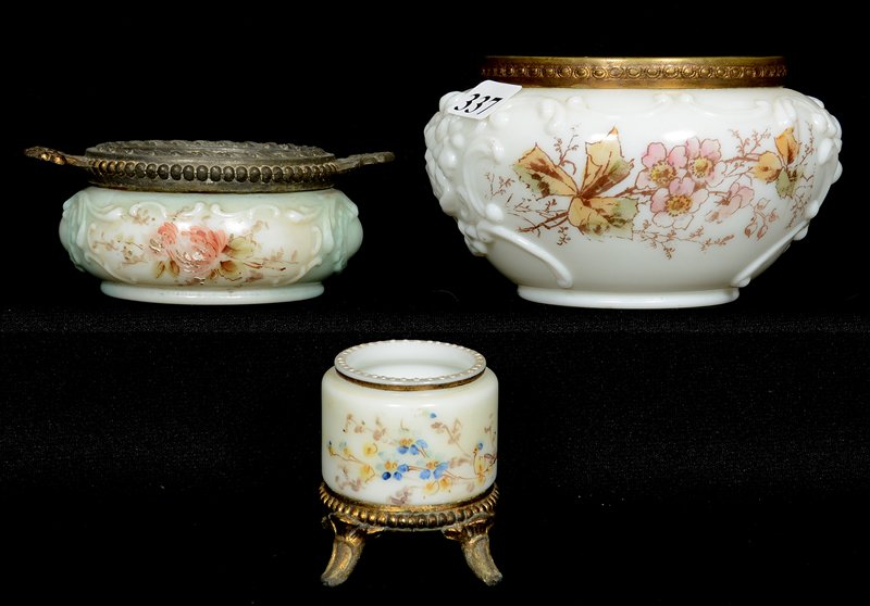(3) WAVECREST ITEMS: (3) WAVECREST ITEMS (1) 4 1/2" EMBOSSED FLORAL OPEN JAR - (1) 3" BLUE PIN DISH WITH GILT METAL RIM - (1) 2" YELLOW TOOTHPICK HOLDER