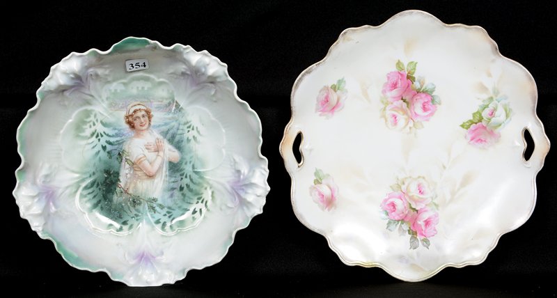 (2) RSP ITEMS: (2) RSP ITEMS (1) 10" IRIS MOLD SATIN FINISH WINTER SEASON BOWL (REPAIRED CHIP, HAIRLINE - (1) 10 1/2" SATIN FINISH CAKE PLATE, CREAM TONES WITH PINK ROSE DECOR