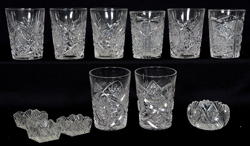 (8) AMERICAN BRILLIANT CUT GLASS TUMBLERS, (3) SALT: (8) AMERICAN BRILLIANT CUT GLASS TUMBLERS, (3) SALT DIPS, (1) MASTER SALT