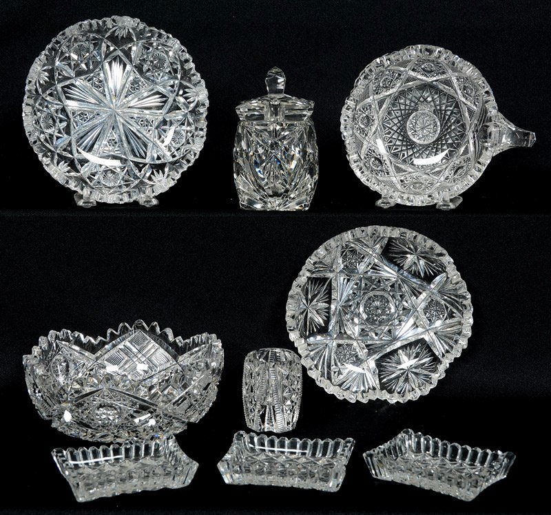 (5) AMERICAN BRILLIANT CUT GLASS ITEMS & MORE: (5) AMERICAN BRILLIANT CUT GLASS ITEMS & MORE (1) 5" ONE HANDLED NAPPY - (1) 2 1/2" X 6" BOWL - (2) 6" NAPPIES - (1) TOOTHPICK HOLDER - (3) SALT DIPS MARKED CZECHOSLOVAKIA - (1) CONDIMENT JAR