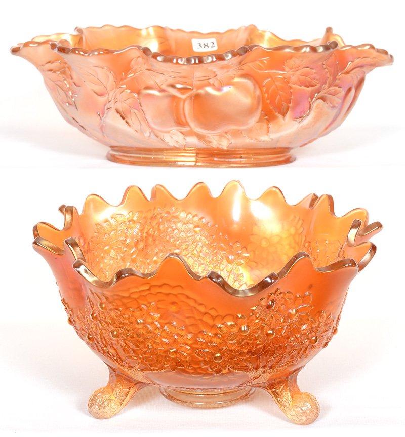 (2) CARNIVAL GLASS MARIGOLD BOWLS: (2) CARNIVAL GLASS MARIGOLD BOWLS (1) ORANGE TREE PATTERN FOOTED ORANGE BOWL - (1) PEARS & APPLES BANANA SHAPED BOWL