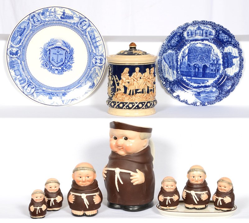 (11) ASSORTED ITEMS: (11) ASSORTED ITEMS INCLUDES GERMANY EMBOSSED HUMIDOR - (2) BLUE AND WHITE SOUVENIR PLATES - HUMMEL (BEE MARK) FIGURAL MONK ITEMS INCLUDING WATER PITCHER, SALT & PEPPER SHAKERS, TRAY AND MORE