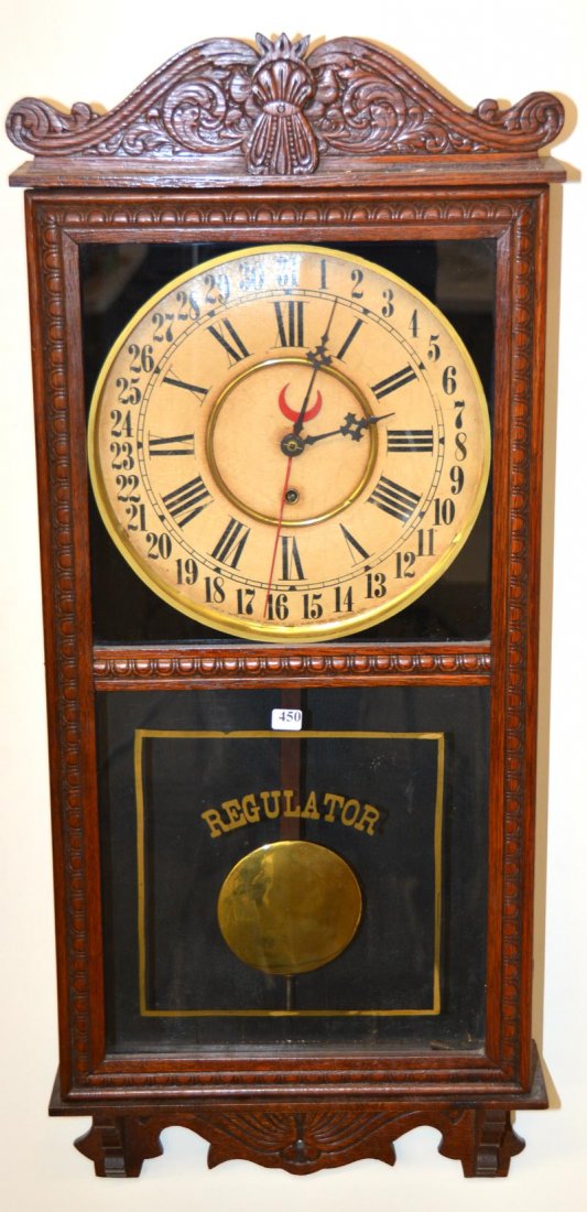 37" X 15 1/2" OAK CASED WALL REGULATOR BY GILBERT: 37" X 15 1/2" OAK CASED WALL REGULATOR BY GILBERT