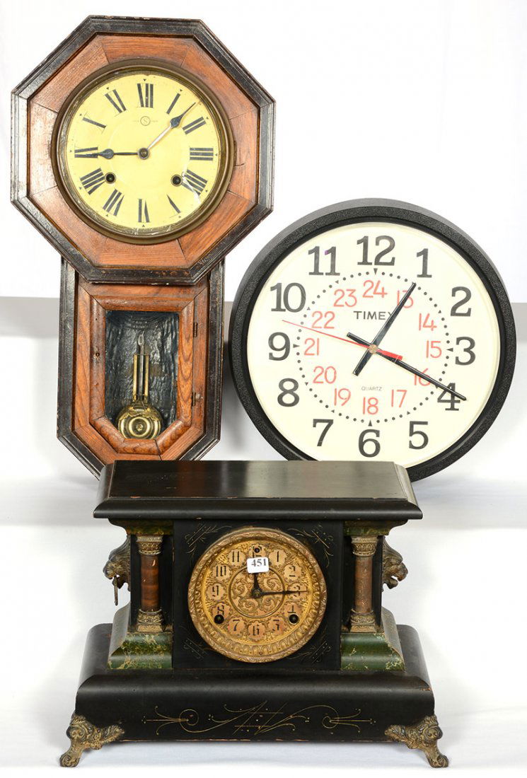 (3) ASSORTED CLOCKS: (3) ASSORTED CLOCKS (1) 22" SETH THOMAS REGULATOR - (1) 11" SESSIONS MANTEL CLOCK - (1) 13 1/2" DIAMETER TIMEX QUARTZ