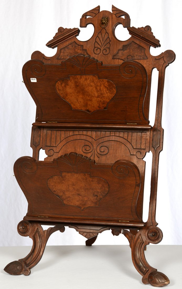 40" X 23" VICTORIAN BURL WALNUT TWO SHELF MAGAZINE RACK: 40" X 23" VICTORIAN BURL WALNUT TWO SHELF MAGAZINE RACK EASEL STAND