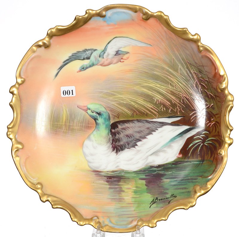 13 1/2" UNMARKED LIMOGES FRANCE HANDPAINTED CHARGER: 13 1/2" UNMARKED LIMOGES FRANCE HANDPAINTED CHARGER FEATURES MALLARD DUCKS ON POND AT DUSK - FRENCH ARTIST "A.BRONSSILLON"