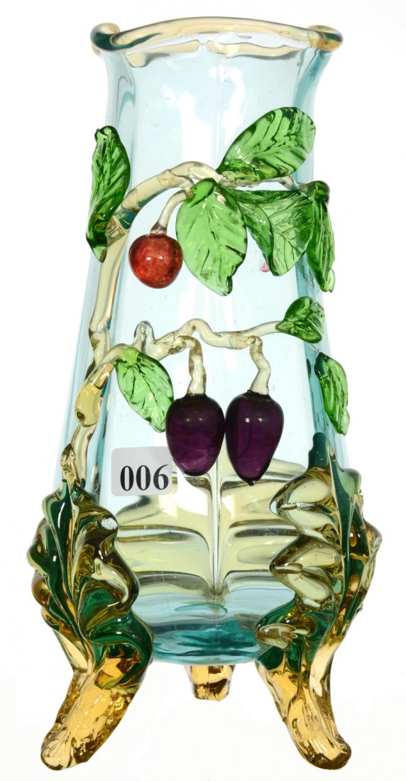 9 3/4" STEVENS & WILLIAMS ART GLASS FOOTED VASE: 9 3/4" STEVENS & WILLIAMS ART GLASS FOOTED VASE APPLIED AMBER FEET - BLUE BODY - CHERRY AND PLUM APPLIED HIGHLIGHTS - (1) LEAF RE-ATTACHED