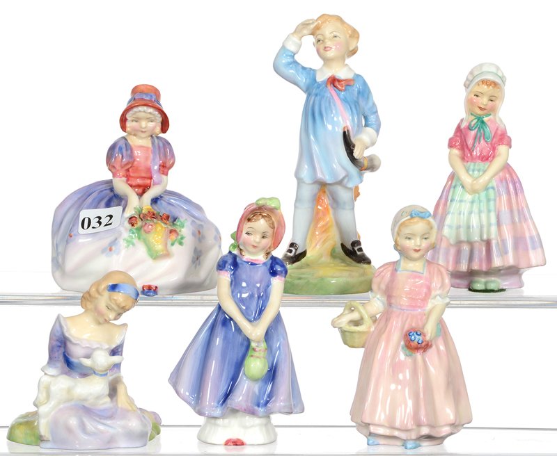 (6) ROYAL DOULTON FIGURINES: (6) ROYAL DOULTON FIGURINES (1) 5 1/2" LITTLE BOY BLUE HN#2062 - (1) 4 3/4" IVY HN#1768 - (1) 4 1/2" TINKLE BELL HN#1677 - (1) 4 1/2" TOOTLES HN#1680 - (1) 4" MONICA HN#1417 - (1) 3 1/4" MARY HAD A LI