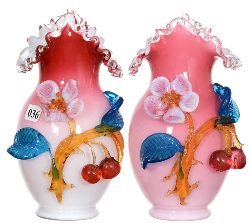 PAIR 8" STEVENS & WILLIAMS CASED PEACHBLOW ART GLASS: PAIR 8" STEVENS & WILLIAMS CASED PEACHBLOW ART GLASS VASES AMBER BRANCH WITH BLUE LEAF, CHERRY AND BLOSSOM DECOR - (1) BLOSSOM WITH HALF PETAL MISSING