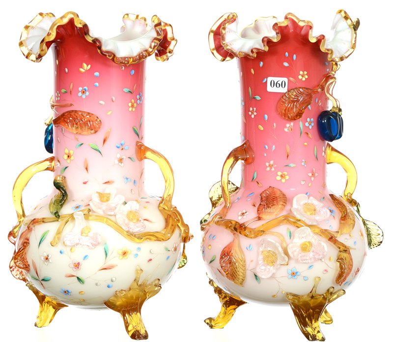 PAIR 14" STEVENS & WILLIAMS CASED PEACHBLOW ART GLASS: PAIR 14" STEVENS & WILLIAMS CASED PEACHBLOW ART GLASS VASES SIGNIFICANT APPLIED AMBER BRANCHES AND HANDLES AND BLUE FRUIT HIGHLIGHTS - ENAMEL SCATTERED FLORAL DECOR - ALL (6) WHITE BLOSSOMS HAVE SOME 