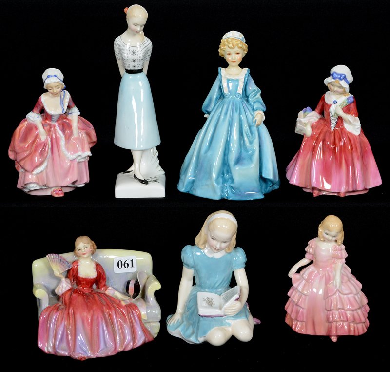 (1) ROYAL DOULTON AND (1) ROYAL WORCESTER FIGURINES: (1) ROYAL DOULTON AND (1) ROYAL WORCESTER FIGURINES (1) 7 1/4" SWEET SIXTEEN HN#2231 - (1) 4 3/4" ALICE HN#2158 - (1) 5" GOODY TWO SHOES HN#2037 - (1) 5" LAVINIA HN#1955 - (1) 4 1/2" ROSE HN#1368 - (1