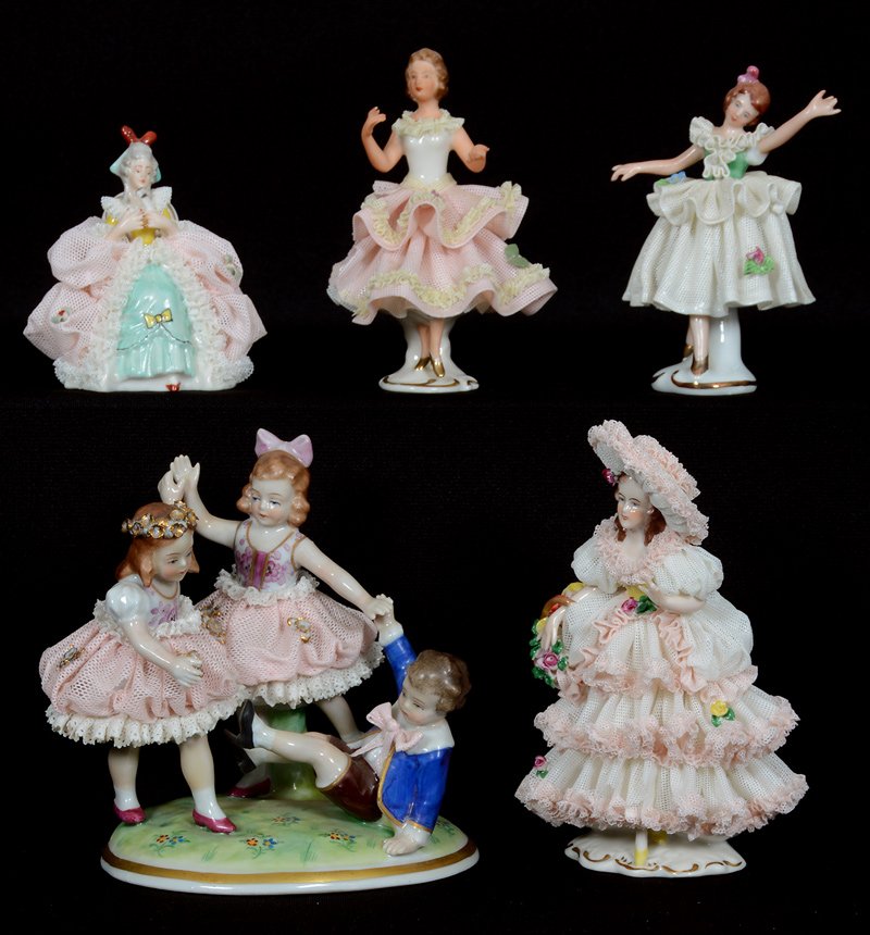 (5) GERMAN AND DRESDEN MARKED FIGURINES: (5) GERMAN AND DRESDEN MARKED FIGURINES (1) 5 1/4" LADY WITH BASKET(2 FINGERS CHIPPED) - (1) 5" X 5" TWO GIRLS AND BOY PLAYING - (1) DANCER, PINK DRESS (DAMAGED) - (1) 4" DANCER, WHITE DRESS - (1) 3" 