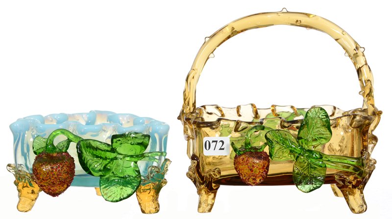 (2) STEVENS & WILLIAMS ART GLASS DISHES WITH APPLIED: (2) STEVENS & WILLIAMS ART GLASS DISHES WITH APPLIED STRAWBERRY DECOR (1) 7" X 7" RECTANGULAR BASKET, AMBER (MISSING HALF OF ONE GREEN LEAF) - (1) 3" X 5" TRIANGULAR BLUE OPALESCENT DISH WITH AMBER FE