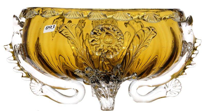 6 3/4" X 13" STEVENS & WILLIAMS CASED ART GLASS OVAL: 6 3/4" X 13" STEVENS & WILLIAMS CASED ART GLASS OVAL BOWL OLIVE GREEN BOWL WITH CLEAR APPLIED FISH AND FLOWER DECOR - FISH WITH CHIPPING ON BACK RIDGE