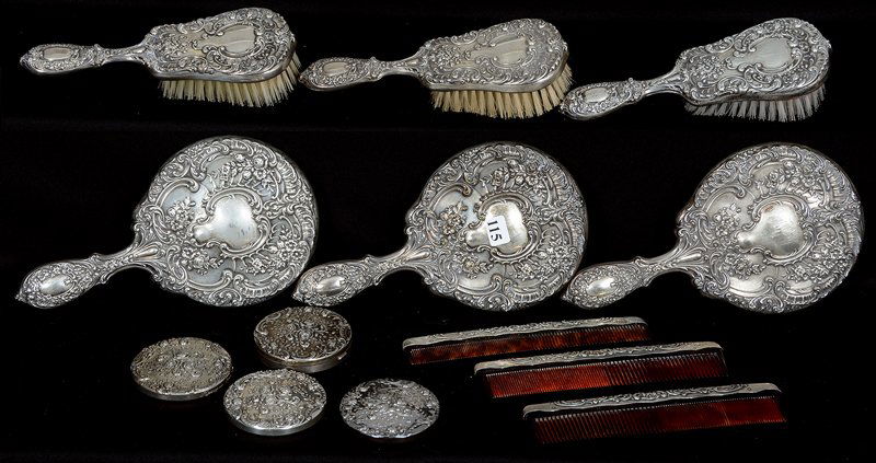 SUPER (13) PIECE MATCHING GORHAM STERLING SILVER VANITY: SUPER (13) PIECE MATCHING GORHAM STERLING SILVER VANITY SET (3) 9 1/2" BEVELED HAND MIRRORS - (3) 8" HAIR BRUSHES - (3) 7 1/2" COMBS - (3) 3" DIAMETER MIRRORED COMPACTS - (1) 3" DIAMETER ROUND HINGED