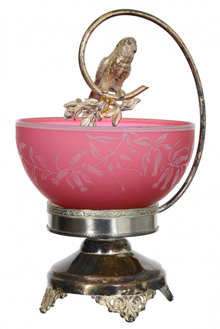 5" UNMARKED THOMAS WEBB & SONS ENGLISH CAMEO BOWL: 5" UNMARKED THOMAS WEBB & SONS ENGLISH CAMEO BOWL CRANBERRY WITH WHITE OVERLAY FLORAL DECOR - BOWL SET ON 8 1/2" WEBSTER SILVERPLATE STAND FEATURING PARROT - THIS IS A MARRIAGE TO THE STAND BUT LOOKS