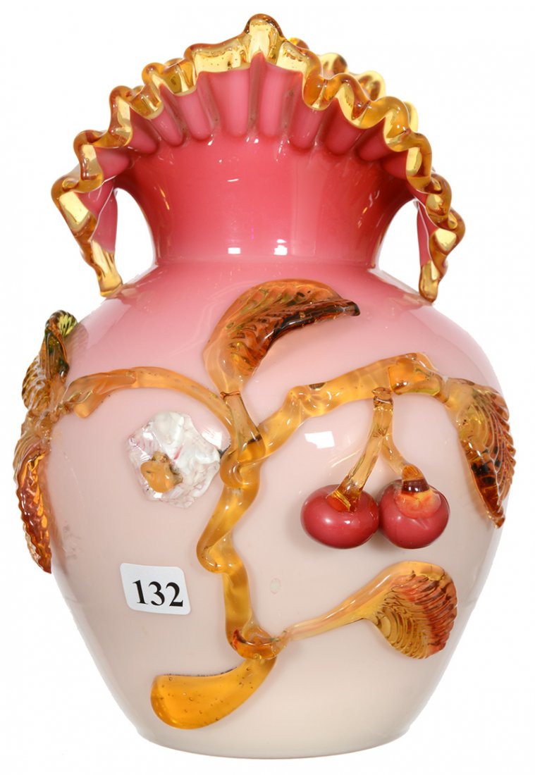 8 3/4" STEVENS & WILLIAMS CASED ART GLASS VASE: 8 3/4" STEVENS & WILLIAMS CASED ART GLASS VASE APPLIED AMBER BRANCH AND LEAF DECOR WITH CHERRY AND BLOSSOM HIGHLIGHTS - WHITE BLOSSOM MISSING ALL PETALS