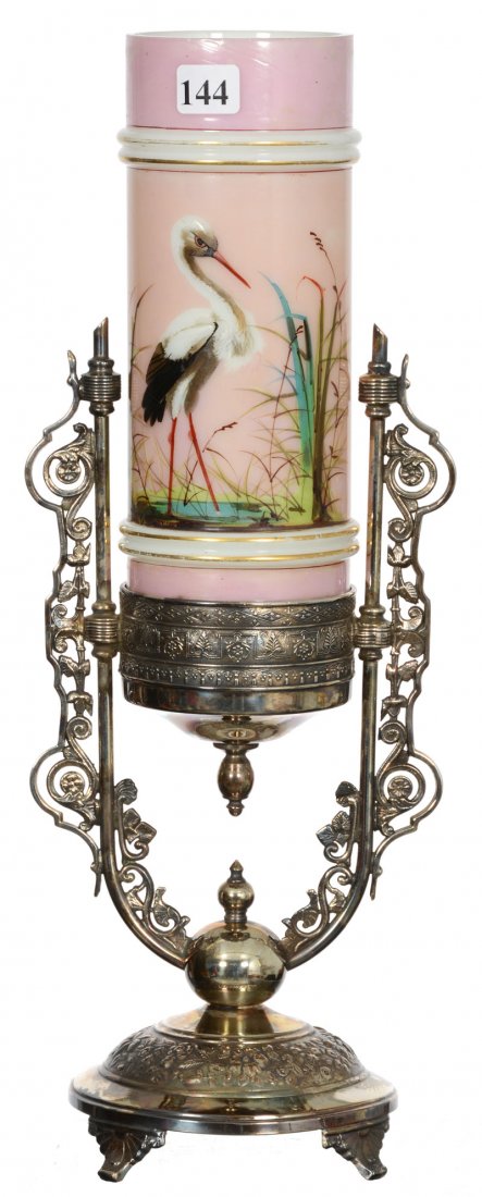15" BRISTOL CYLINDER VASE ON SILVERPLATE STAND: 15" BRISTOL CYLINDER VASE ON SILVERPLATE STAND SCENIC STORK DECOR