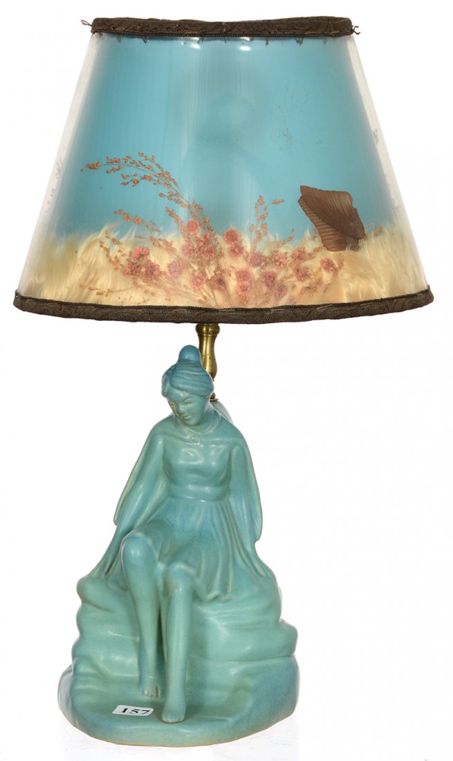16 1/2" MARKED VAN BRIGGLE ART POTTERY FIGURAL DESK: 16 1/2" MARKED VAN BRIGGLE ART POTTERY FIGURAL DESK LAMP WITH ORIGINAL SHADE WOMAN SEATED ON ROCK LEDGE - TURQUOISE MING COLOR