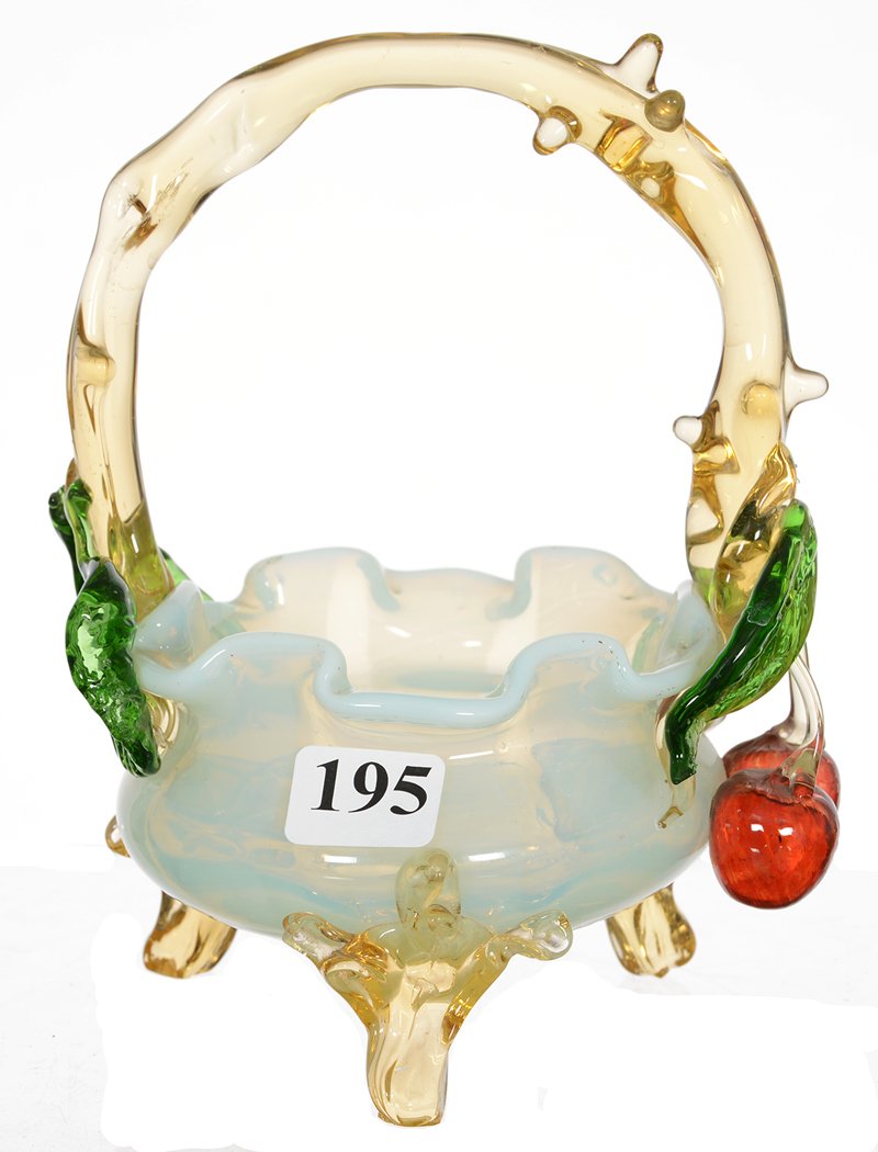 6" STEVENS & WILLIAMS WHITE OPALESCENT ART GLASS BASKET: 6" STEVENS & WILLIAMS WHITE OPALESCENT ART GLASS BASKET APPLIED AMBER FEET AND HANDLE - LEAF AND CHERRY HIGHLIGHTS