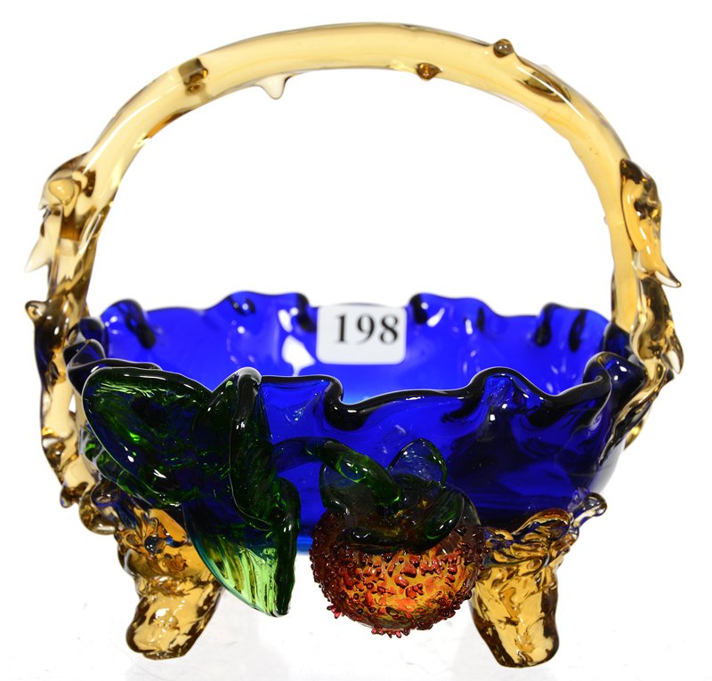5 1/2" X 5 1/2" COBALT BLUE TO CLEAR STEVENS & WILLIAMS: 5 1/2" X 5 1/2" COBALT BLUE TO CLEAR STEVENS & WILLIAMS ART GLASS BASKET APPLIED AMBER THORN HANDLE AND FEET WITH STRAWBERRY AND LEAF HIGHLIGHTS