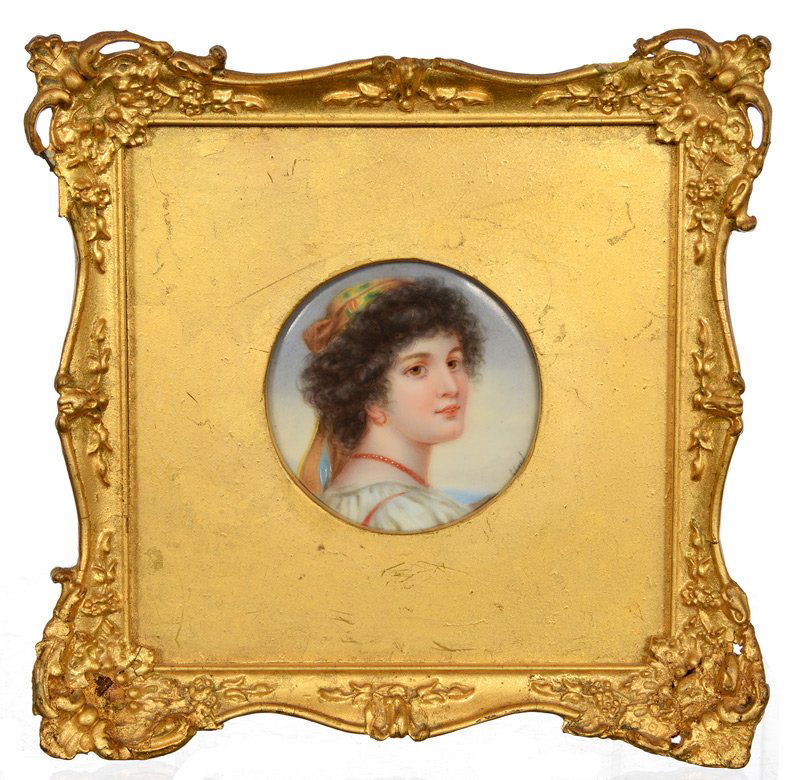 2 1/2" UNMARKED "KPM" STYLE ROUND HANDPAINTED PLAQUE: 2 1/2" UNMARKED "KPM" STYLE ROUND HANDPAINTED PLAQUE WITH YOUNG WOMAN SET IN 6 1/2" SQUARE GILT FRAME - PLAQUE IS ARTIST SIGNED