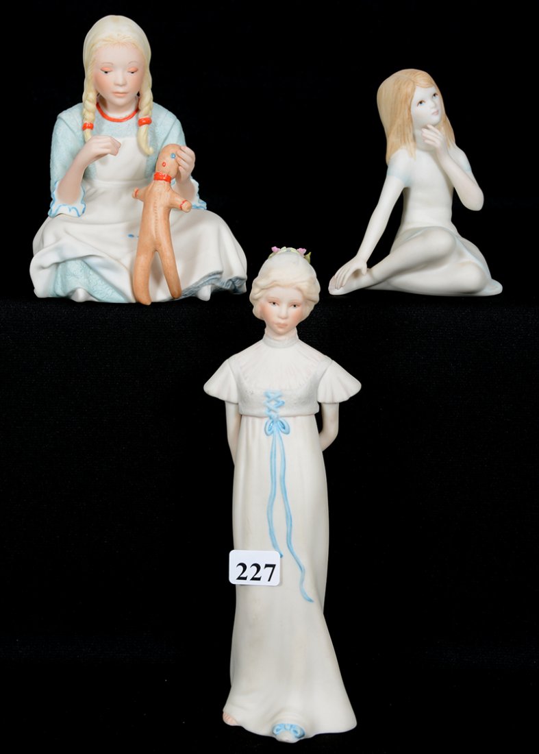 (3) MARKED CYBIS FIGURES OF GIRLS: (3) MARKED CYBIS FIGURES OF GIRLS (1) 8 1/2" GIRL STANDING - (1) 5" GIRL SEWING DOLL - (1) 4" GIRL SITTING