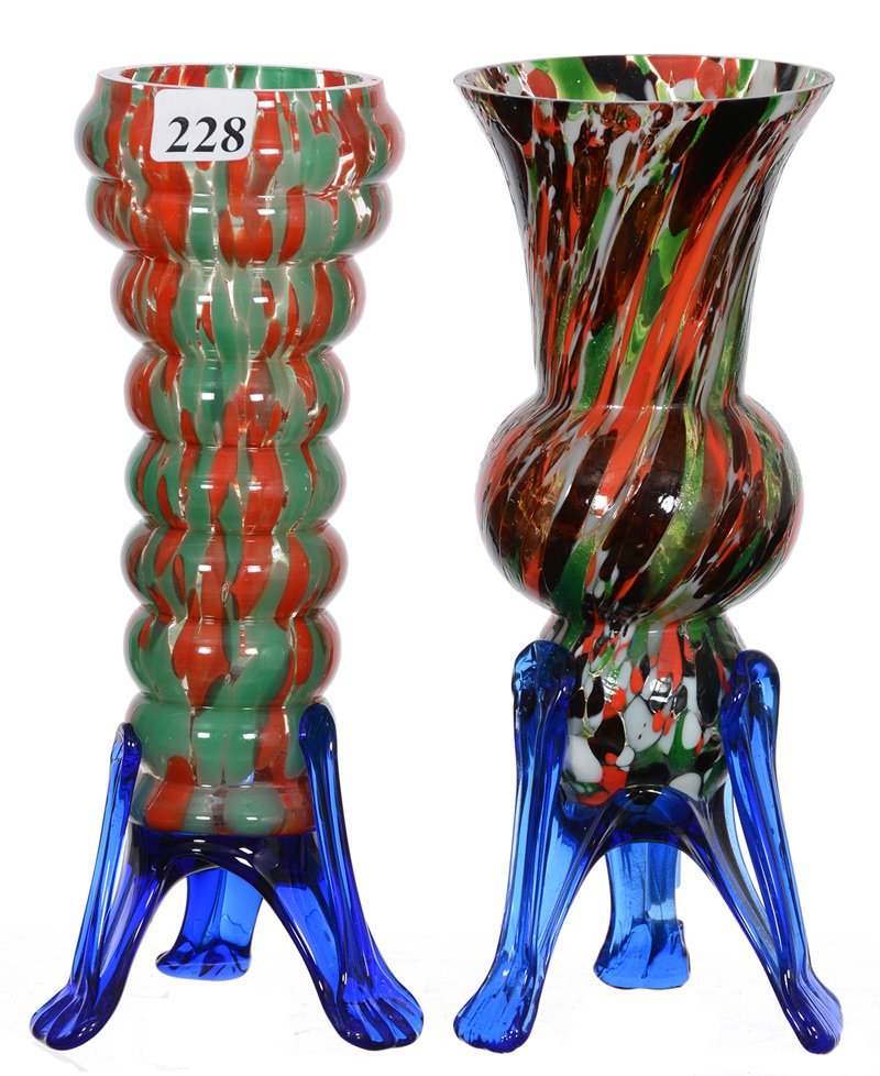 (2) 8 1/4" UNMARKED CZECHOSLOVAKIA ART GLASS VASES WITH: (2) 8 1/4" UNMARKED CZECHOSLOVAKIA ART GLASS VASES WITH APPLIED COBALT FEET (1) RED AND GREEN MOTTLED DESIGN - (1) RED, GREEN, BLACK AND WHITE MOTTLED DESIGN ((CHIP ON FOOT)