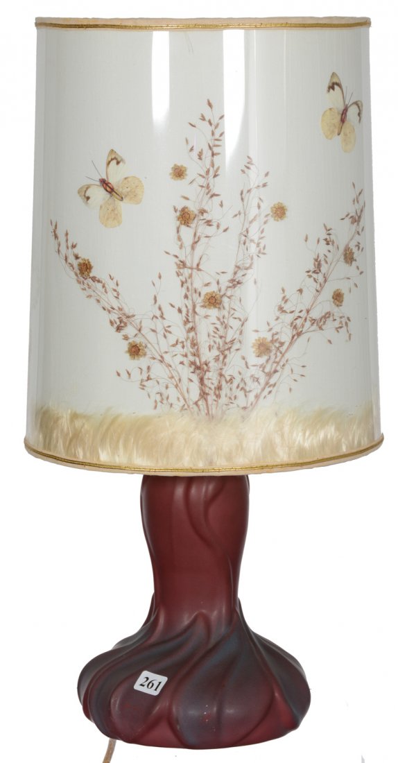 20" MARKED VAN BRIGGLE ART POTTERY LAMP WITH ORIGINAL: 20" MARKED VAN BRIGGLE ART POTTERY LAMP WITH ORIGINAL VAN BRIGGLE SHADE MULBERRY EMBOSSED LEAF DESIGN