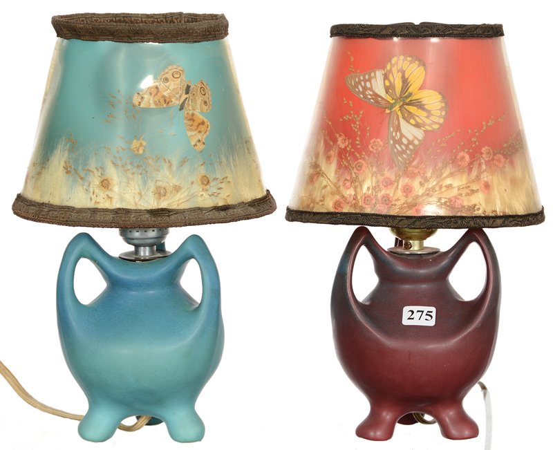 PAIR 11 1/2" MARKED VAN BRIGGLE ART POTTERY DESK LAMPS: PAIR 11 1/2" MARKED VAN BRIGGLE ART POTTERY DESK LAMPS THREE FOOTED - THREE HANDLED - ORIGINAL SHADES - (1) TURQUOISE MING - (1) MULBERRY