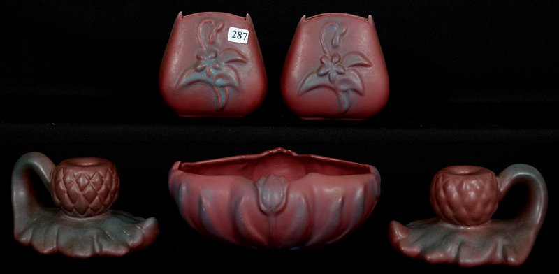 (5) MARKED VAN BRIGGLE ART POTTERY MULBERRY ITEMS: (5) MARKED VAN BRIGGLE ART POTTERY MULBERRY ITEMS (1) 8" OVAL EMBOSSED TULIP BOWL - (2) 4 1/2" FLOWER MOLD VASES - (2) 6" EMBOSSED PINECONE AND LEAF CHAMBERSTICKS