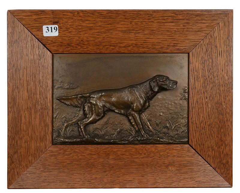 5 1/2" X 8" BRONZE RELIEF PLAQUE: 5 1/2" X 8" BRONZE RELIEF PLAQUE SETTER DOG POINTING GAME - SET IN 10 1/4" X 13" OAK FRAME - ARTIST SIGNED "F. DILLER" (FRITZ DILLER)