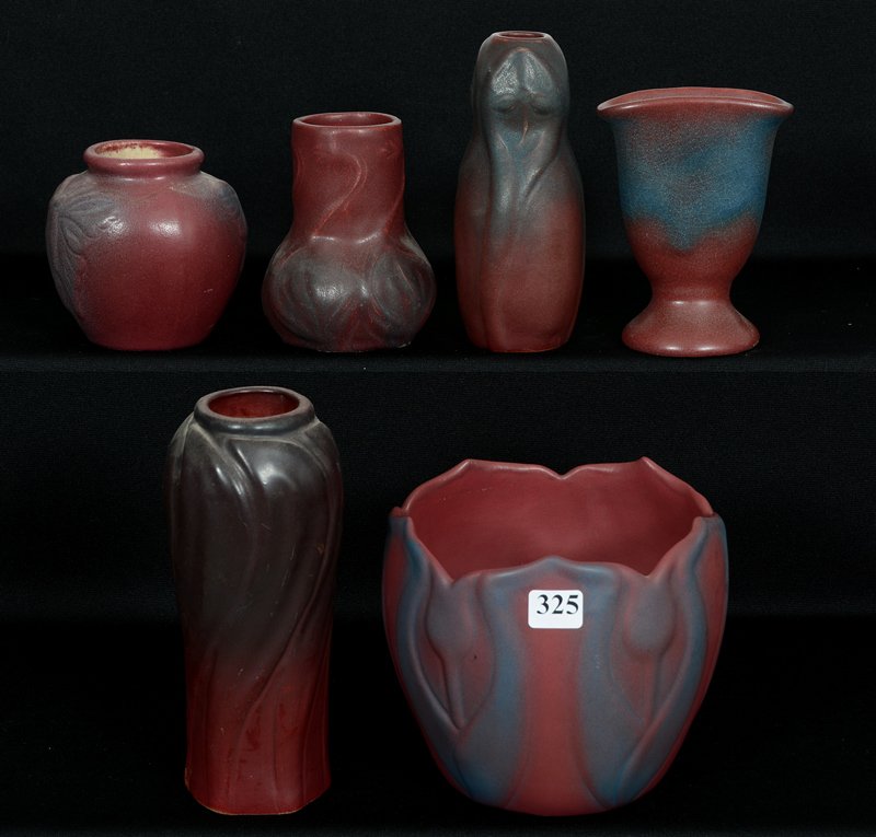(6) MARKED VAN BRIGGLE ART POTTERY MULBERRY VASES: (6) MARKED VAN BRIGGLE ART POTTERY MULBERRY VASES SIZES RANGE FROM 4" TO 7" - VARIOUS MOLDS AND DESIGNS