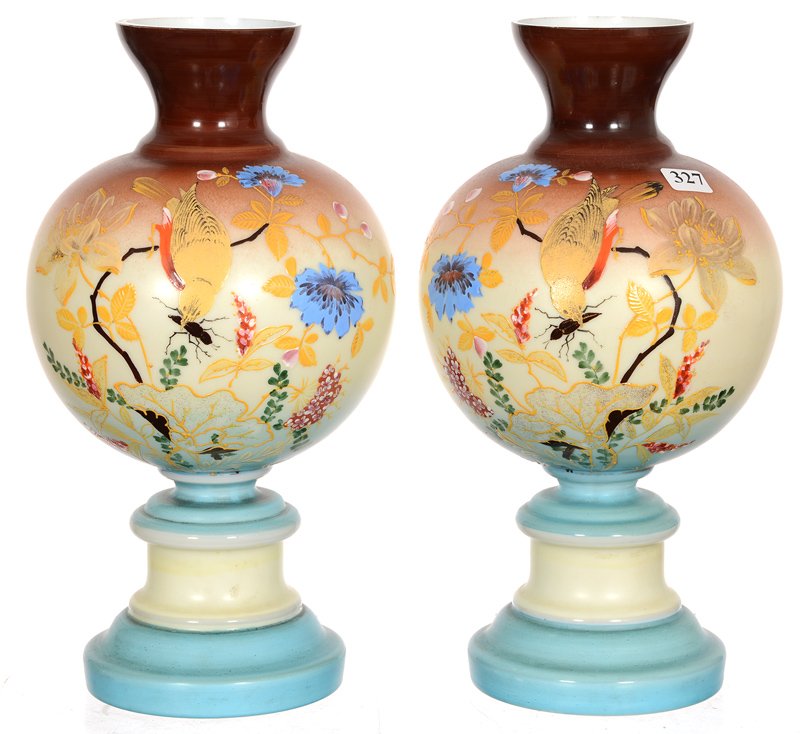 PAIR 12 1/4" BRISTOL ART GLASS PEDESTAL VASES: PAIR 12 1/4" BRISTOL ART GLASS PEDESTAL VASES BROWN, YELLOW AND BLUE TONES WITH ENAMEL BIRD AND BEETLE DECOR