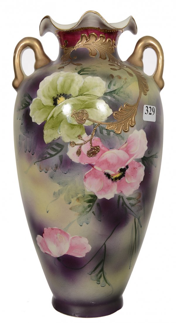 12 1/2" MARKED ROYAL NIPPON NISHIKI TWO HANDLED VASE: 12 1/2" MARKED ROYAL NIPPON NISHIKI TWO HANDLED VASE GREEN AND LAVENDER BACKGROUND WITH POPPY DECOR
