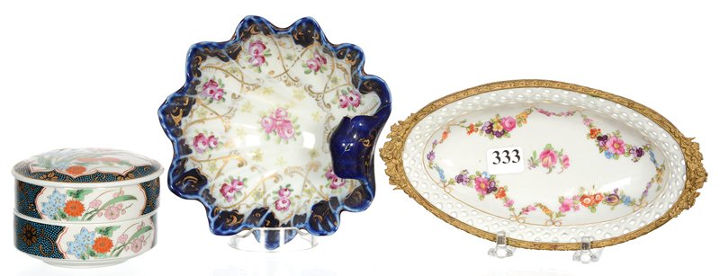 (3) ASSORTED PORCELAIN ITEMS: (3) ASSORTED PORCELAIN ITEMS (1) 7 1/2" MARKED SCHUMANN RETICULATED RELISH WITH METAL RIM - (1) 5 3/4" NIPPON SHELL SHAPED BERRY DISH (SIGNIFICANT REPAIR) - (1) 3 1/2" UNMARKED JAPANESE STACKABLE DISH