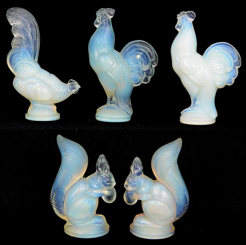 (5) MARKED SABINO GLASS FIGURINES: (5) MARKED SABINO GLASS FIGURINES (2) 3 1/2" ROOSTERS - (1) 3 1/2" PHEASANT - (2) 3" SQUIRRELS