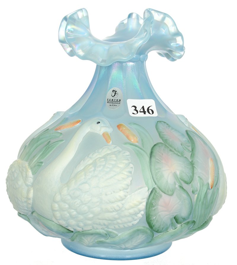 MODERN 7 1/4" MARKED FENTON VASE WITH EMBOSSED SWAN AND: MODERN 7 1/4" MARKED FENTON VASE WITH EMBOSSED SWAN AND CATTAIL DESIGN HANDPAINTED BY T.L. NUTTER - IRIDESCENT ICE BLUE BACKGROUND