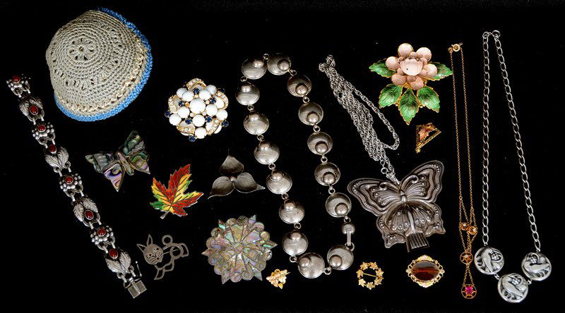 ASSORTED COSTUME JEWELRY: ASSORTED COSTUME JEWELRY INCLUDES: REED & BARTON STERLING SILVER BUTTERFLY WHISTLE ON NECK CHAIN - BRACELET AND NECKLACE, BOTH MARKED "STERLING DENMARK" - BLACK HILLS GOLD ITEMS - ENAMEL DECORATED BRO