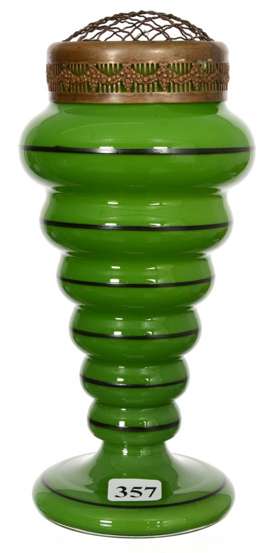 8 1/2" UNMARKED CZECHOSLOVAKIA ART GLASS VASE: 8 1/2" UNMARKED CZECHOSLOVAKIA ART GLASS VASE GREEN WITH BLACK TRI - SIX BULGING DISKS - METAL FLOWER FROG