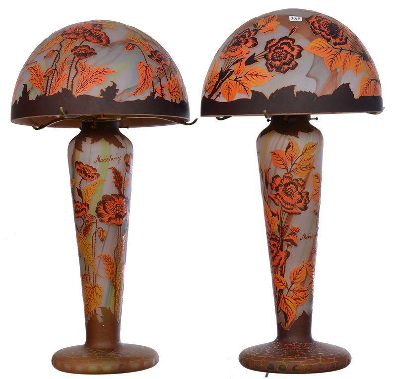 (2) MODERN REPRODUCTION 26 1/2" LAMPS MARKED MADELAINE: (2) MODERN REPRODUCTION 26 1/2" LAMPS MARKED MADELAINE CARVED CAMEO LAMPS MUSHROOM SHADES - BOTH ARE WHITE WITH ORANGE AND BLACK OVERLAY FEATURING WHITE, GREEN AND BLUE SWIRL BACKGROUND - CARVED FLORA