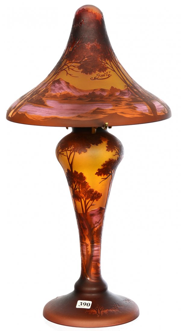 19" MODERN REPRODUCTION MARKED TIP GALLE CAMEO TABLE: 19" MODERN REPRODUCTION MARKED TIP GALLE CAMEO TABLE LAMP YELLOW BACKGROUND WITH PINK AND ORANGE OVERLAY - MOUNTAIN AND LAKE SCENIC DECOR