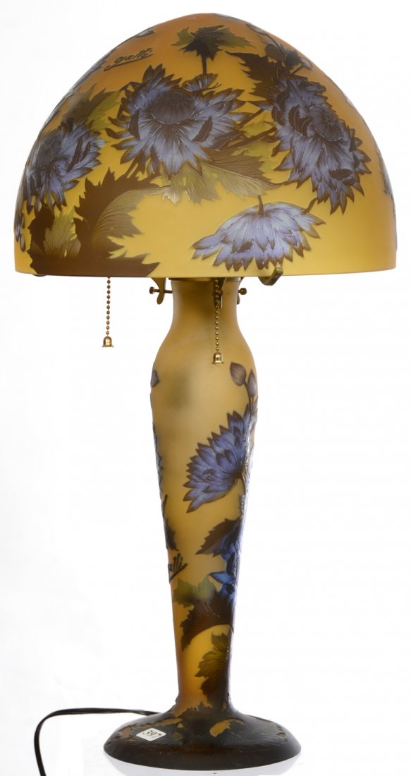 23" MODERN REPRODUCTION MARKED TIP GALLE CAMEO TABLE: 23" MODERN REPRODUCTION MARKED TIP GALLE CAMEO TABLE LAMP YELLOW BACKGROUND WITH BLUE AND GREEN OVERLAY - FLORAL AND BUTTERFLY DESIGN