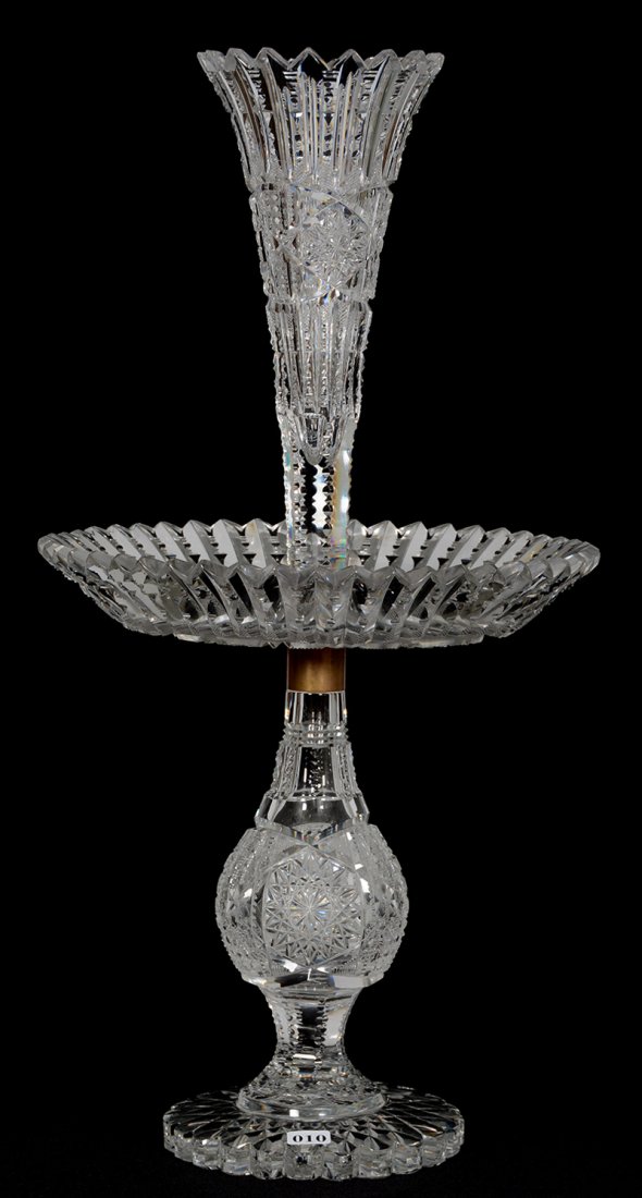 THREE PART EPERGNE - 22 1/2" X 11 1/2" - SIGNED LIBBEY: THREE PART EPERGNE - 22 1/2" X 11 1/2" - SIGNED LIBBEY ELLSMERE PATTERN HIGHEST QUALITY PATTERN CUT - LARGE SCALLOPED HOBSTAR FOOT - BULBOUS PATTERN CUT STEM - FULLY PATTERN CUT TRAY AND VASE - ITEM F