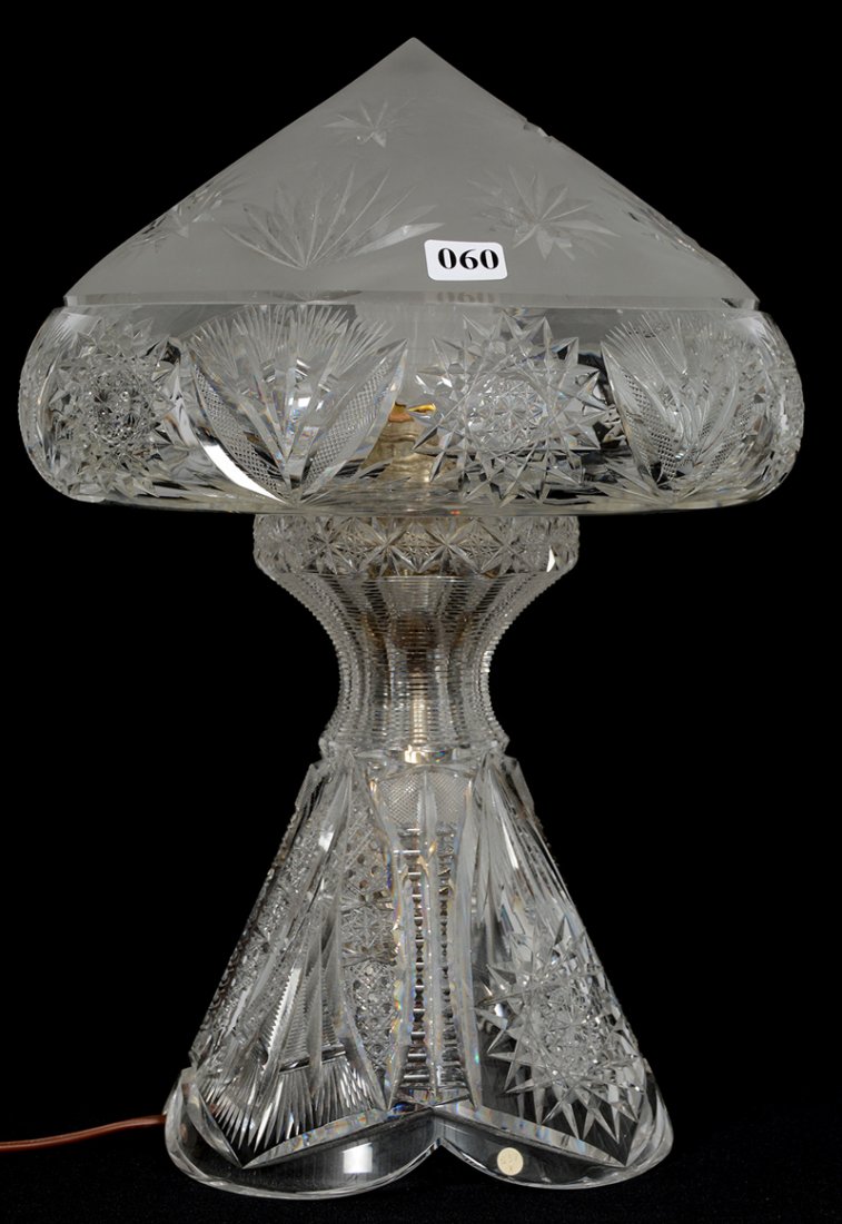 STRAWBERRY DOME TABLE LAMP - 13 1/2" X 9 1/2" - PATTERN: STRAWBERRY DOME TABLE LAMP - 13 1/2" X 9 1/2" - PATTERN #129 BY FRY HOBSTAR, VESICA, STRAWBERRY DIAMOND, PRISM AND FAN MOTIF - SHADE FEATURES FROSTED BACKGROUND WITH STAR AND FAN HIGHLIGHTS - EXTREMEL