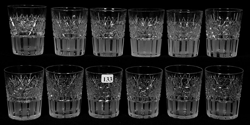 (12) TUMBLERS - 3 1/2" X 2 3/4" - SIGNED HAWKES: (12) TUMBLERS - 3 1/2" X 2 3/4" - SIGNED HAWKES HOBSTAR CHAIN WITH VERTICAL STRIPE DESIGN - RAY CUT BASE - SLIGHT SIZE VARIATION BETWEEN TUMBLERS