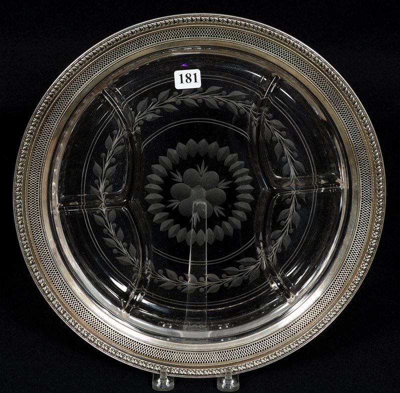 DIVIDED TRAY - 12 1/2" ROUND: DIVIDED TRAY - 12 1/2" ROUND LIGHTLY ENGRAVED FLORAL DECOR - ORNATE STERLING RETICULATED BORDER - STERLING IS BY WATSON COMPANY