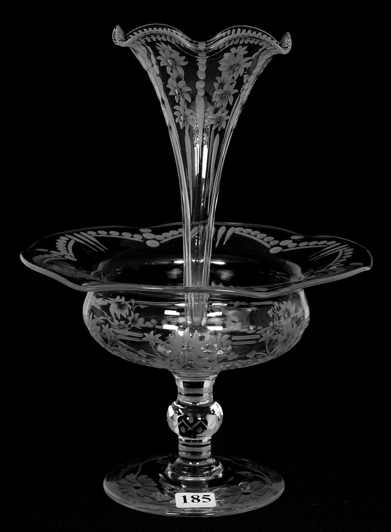 PEDESTAL EPERGNE - 10 1/2" X 8" - SIGNED LIBBEY: PEDESTAL EPERGNE - 10 1/2" X 8" - SIGNED LIBBEY LIGHTLY ENGRAVED FLORAL AND GARLAND MOTIF - PATTERN CUT STEM AND BASE - RARE SINGLE PIECE EPERGNE